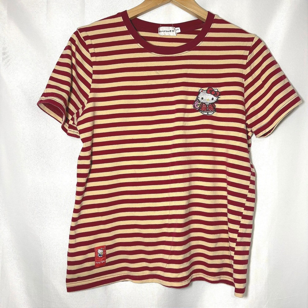 Blurred Bear Hello Kitty Striped T-Shirt Red Cream Embroidered Sanrio Top Small